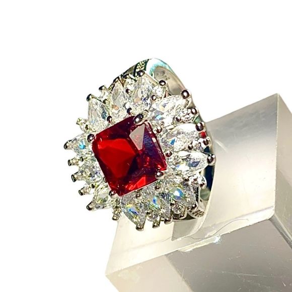 Garnet & CZ Gemstone Ring of 925 Sterling Silver Overlay (8.5) - Picture 9 of 10